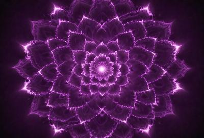 The primary subject of the image is a purple flower with a yellow center, which is the focal point of the scene. The setting is a dark background, which contrasts with the vibrant colors of the flower. The visual style of the image is a close-up of the flower, showcasing its intricate details. The dominant colors in the image are purple and yellow, creating a serene and calming atmosphere.