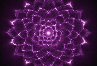 The primary subject of the image is a purple flower with a yellow center, which is the focal point of the scene. The setting is a dark background, which contrasts with the vibrant colors of the flower. The visual style of the image is a close-up of the flower, showcasing its intricate details. The dominant colors in the image are purple and yellow, creating a serene and calming atmosphere.