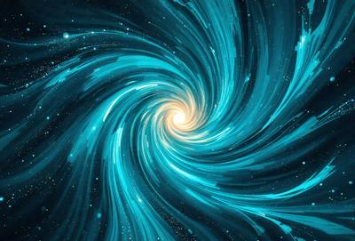 The primary subject of the image is a spiral or vortex, which is a blue and white swirl. The setting is a dark background, which contrasts with the bright colors of the spiral. The visual style is a digital art or illustration, as the spiral appears to be a part of a larger, more complex design. The colors and mood of the image are vibrant and dynamic, with the blue and white spiral creating a sense of movement and energy.