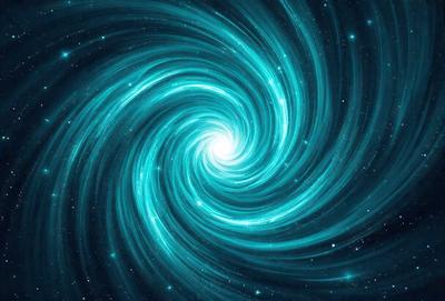 The primary subject of the image is a spiral or vortex, which is a swirling pattern of colors and shapes. The setting is a dark, starry background, which adds to the overall mood of the image. The visual style is a combination of digital art and illustration, creating a dynamic and captivating scene. The colors and mood of the image are predominantly blue, with a sense of depth and movement.