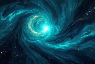 The primary subject of the image is a swirling, blue spiral, which appears to be a digital art or illustration. The setting is a dark, starry background, creating a sense of depth and mystery. The visual style is artistic and captivating, with the blue spiral being the focal point of the scene. The colors and mood of the image are predominantly dark and moody, with the blue spiral standing out as a vibrant and captivating element.