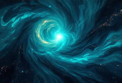 The primary subject of the image is a swirling, blue spiral, which appears to be a digital art or illustration. The setting is a dark, starry background, creating a sense of depth and mystery. The visual style is artistic and creative, with the spiral being the main focus of the image. The colors are predominantly blue, giving the scene a calming and serene atmosphere.