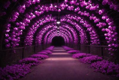 The primary subject of the image is a purple tunnel with a purple light illuminating it. The tunnel is surrounded by purple flowers, creating a visually striking scene. The setting is an outdoor environment, with the tunnel being the main focus of the image. The visual style is a combination of photo and digital art, as the purple light and flowers create a unique and artistic atmosphere. The colors and mood of the image are predominantly purple, giving it a calming and serene vibe.