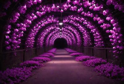 The primary subject of the image is a purple tunnel with a purple lighting effect. The tunnel is surrounded by purple flowers, creating a visually striking scene. The setting is an outdoor environment, with the tunnel being the main focus of the image. The visual style is a combination of photo and digital art, as the purple lighting effect and the purple flowers create a unique and artistic atmosphere. The colors and mood of the image are predominantly purple, giving it a calming and serene v