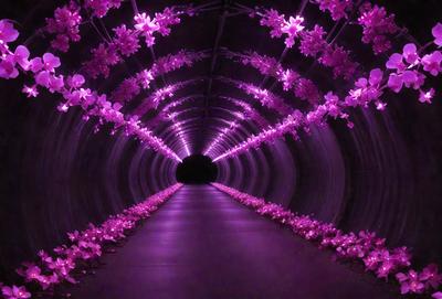 The primary subject of the image is a purple tunnel with a row of pink flowers lining the path. The tunnel appears to be a part of a larger structure, possibly a building or an art installation. The setting is a dark, enclosed space, and the visual style is a combination of a photo and digital art. The dominant colors are purple and pink, creating a calming and serene atmosphere.