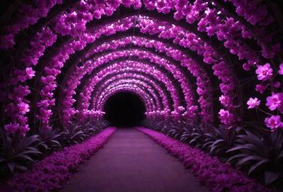 The primary subject of the image is a purple tunnel with a purple lighting effect. The tunnel is surrounded by purple flowers, creating a visually striking scene. The setting is a walkway, and the visual style appears to be a combination of a photo and digital art. The dominant colors in the image are purple and pink, giving the scene a warm and inviting atmosphere.