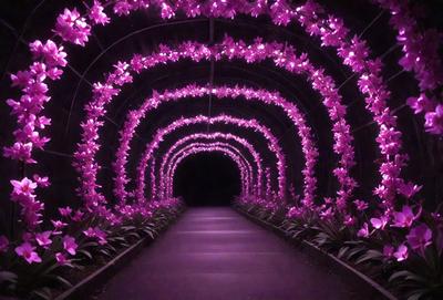 The primary subject of the image is a purple tunnel with a row of pink flowers lining the path. The tunnel is illuminated by purple lights, creating a unique and visually appealing atmosphere. The setting is an outdoor environment, with the tunnel being a part of a larger landscape. The visual style of the image is a combination of photo and digital art, resulting in a vibrant and artistic representation of the scene. The dominant colors in the image are purple and pink, giving the scene a warm
