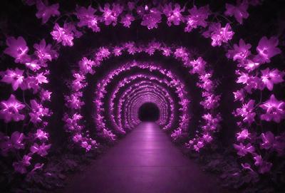 The primary subject of the image is a purple tunnel with a purple lighted pathway. The tunnel is surrounded by purple flowers, creating a visually striking scene. The setting is a dark, enclosed space, and the visual style appears to be a combination of a photo and digital art. The dominant colors in the image are purple and pink, giving the scene a calming and serene atmosphere.