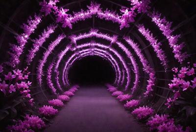 The primary subject of the image is a purple tunnel with a purple lighting effect. The tunnel is surrounded by purple flowers, creating a visually striking scene. The setting is a dark environment, with the tunnel being the main focus of the image. The visual style is a combination of a photo and digital art, as the purple lighting effect and the purple flowers create a unique and artistic atmosphere. The colors and mood of the image are predominantly purple, giving it a calming and serene v