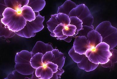 The image features a group of purple flowers with yellow centers, arranged in a visually appealing manner. The flowers are placed against a dark background, which contrasts with the vibrant colors of the flowers. The overall atmosphere of the image is serene and captivating, with the purple flowers standing out as the primary subject.