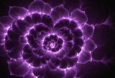 The primary subject of the image is a purple flower with a spiral pattern. The setting is a dark background, which contrasts with the vibrant purple color of the flower. The visual style appears to be a combination of a photo and digital art, creating a unique and eye-catching design. The dominant colors are purple and black, giving the image a bold and striking appearance.