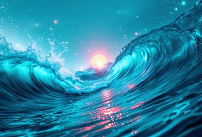 The primary subject of the image is a large wave in the ocean. The wave is blue and has a sunset in the background, creating a serene and calming atmosphere. The visual style of the image is digital art, with the wave and sunset depicted in a vibrant and detailed manner. The colors and mood of the image are predominantly blue, with the sunset adding warm hues to the scene.