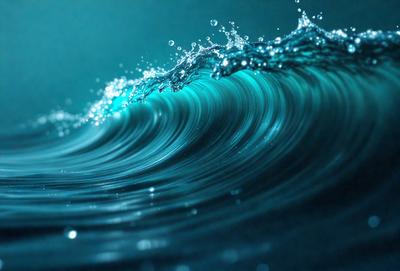The primary subject of the image is a large wave in the ocean. The wave is blue and has a lot of bubbles in it, creating a visually striking scene. The setting is the ocean, with the wave being the main focus of the image. The visual style is a photo, capturing the natural beauty of the ocean and its waves. The colors and mood of the image are vibrant and energetic, with the blue wave and bubbles creating a sense of movement and dynamism.