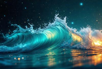 The primary subject of the image is a large wave crashing into the ocean. The wave is blue and has a green tint, creating a visually striking scene. The setting is the ocean, with the wave being the main focus of the image. The visual style is a combination of photo and digital art, as the wave appears to be digitally manipulated to create a unique and artistic representation of the ocean. The colors and mood of the image are vibrant and energetic, with the blue and green tones ev