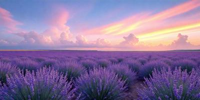 The primary subject of the image is a field of lavender flowers. The setting is a sunset, with the sky in the background. The visual style is a photo, capturing the beauty of the purple flowers in the field. The colors and mood of the image are predominantly purple, creating a serene and peaceful atmosphere.