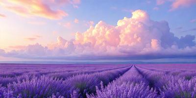 The primary subject of the image is a field of purple flowers, which are the main objects in the scene. The setting is a beautiful, cloudy sky, creating a serene and picturesque backdrop. The visual style of the image is a photo, capturing the natural beauty of the flowers and the sky. The dominant colors in the image are purple and pink, creating a calming and soothing atmosphere.