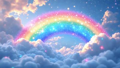 Primary subject: Rainbow
Setting/background: Clouds
Visual style: Digital art
Colors and mood: Bright, vibrant, and cheerful