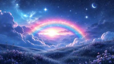 Primary subject: Rainbow
Setting/background: Clouds, sky, and mountains
Visual style: Digital art
Colors and mood: Vibrant colors, serene atmosphere