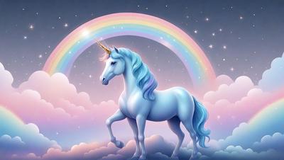 Primary subject: A white unicorn with a blue mane and tail, standing in a cloudy sky.

Setting/background: The unicorn is standing in a cloudy sky, with a rainbow in the background.

Visual style: The image is a digital art or illustration of a unicorn.

Colors and mood: The dominant colors are white and blue, with a pinkish hue from the rainbow. The overall atmosphere is whimsical and magical.