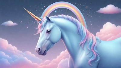 Primary subject: A blue unicorn with a rainbow mane.

Setting/background: The unicorn is standing in a cloudy sky, surrounded by a colorful rainbow.

Visual style: The image is a digital art or illustration of a unicorn.

Colors and mood: The unicorn has a blue body with a rainbow mane, giving it a vibrant and lively appearance. The cloudy sky and rainbow in the background add a sense of wh