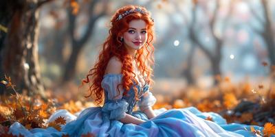 The primary subject of the image is a woman with red hair, wearing a blue dress and a crown. She is sitting on the ground, surrounded by a forest setting. The visual style of the image is a digital art, with the woman being the main focus of the scene. The colors and mood of the image are predominantly blue, creating a serene and peaceful atmosphere.