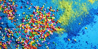 The primary subject of the image is a close-up of a colorful candy, likely a candy cane, with a mix of yellow, pink, and green colors. The candy is placed on a blue surface, which serves as the setting or background. The visual style of the image is a close-up, which emphasizes the candy's vibrant colors and textures. The overall atmosphere of the image is cheerful and festive, as the candy is often associated with holiday celebrations.
