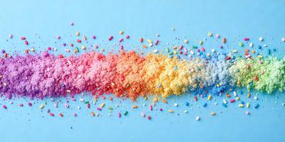 The primary subject of the image is a colorful display of candy, with a variety of different colored candies. The setting is a blue background, which provides a contrasting and vibrant backdrop for the candy. The visual style is a close-up of the candy, showcasing the different colors and textures of the candies. The colors and mood of the image are lively and cheerful, as the candy is presented in a fun and inviting manner.
