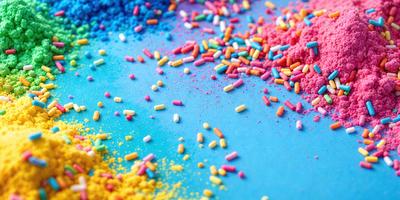 The primary subject of the image is a close-up of a colorful sprinkle mix, with various colors and shapes. The setting is a blue surface, which provides a contrasting background for the sprinkles. The visual style appears to be a combination of a photo and a digital art or illustration, as the sprinkles are depicted in a detailed and vibrant manner. The colors and mood of the image are lively and cheerful, as the sprinkles create a sense of fun and playfulness
