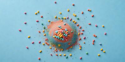 The primary subject of the image is a candy-themed artwork, featuring a candy-covered ball on a blue surface. The setting is a blue table, and the visual style appears to be a combination of digital art and illustration. The colors and mood of the image are vibrant and cheerful, with the candy colors and the blue table creating a lively and fun atmosphere.