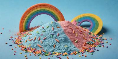 The primary subject of the image is a pile of sprinkles, which are colorful and visually appealing. The setting is a table, and the visual style is a close-up of the sprinkles. The colors and mood of the image are vibrant and cheerful, as the sprinkles are predominantly blue, pink, and yellow.