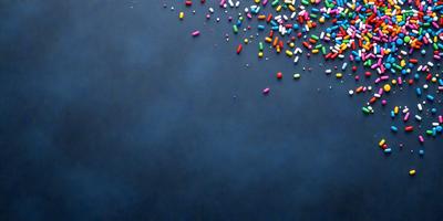 The primary subject of the image is a close-up of a candy-covered surface, with a variety of candy pieces scattered across the scene. The setting is a dark blue background, which contrasts with the bright colors of the candy. The visual style appears to be a combination of a photo and digital art, as the candy pieces are arranged in a visually appealing manner. The overall atmosphere of the image is playful and fun, with the candy pieces creating a sense of joy and indulgence.