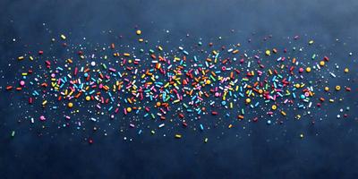 The primary subject of the image is a close-up of a colorful candy display. The candy is scattered across a blue surface, creating a visually appealing and vibrant scene. The setting appears to be a table or a countertop, with the candy being the main focus of the image. The visual style of the image is a close-up, which emphasizes the details and colors of the candy. The colors and mood of the image are predominantly bright and cheerful, with the blue surface
