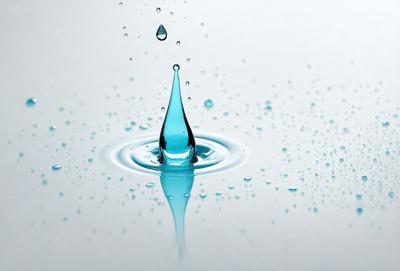 The primary subject of the image is a single drop of water, which is captured in a close-up shot. The setting is a white background, which provides a clean and minimalistic appearance. The visual style is a photo, showcasing the water drop in its natural form. The colors and mood of the image are predominantly blue, creating a serene and calming atmosphere.