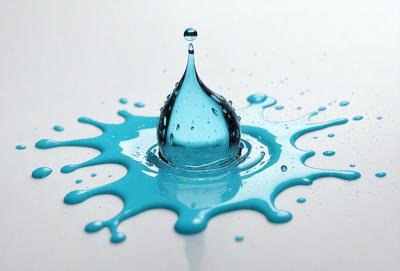 The primary subject of the image is a single drop of blue water, which is the main focus of the scene. The setting is a white surface, which provides a clean and minimalistic backdrop for the drop. The visual style of the image is a close-up of the drop, showcasing its unique and intricate structure. The colors and mood of the image are predominantly blue, creating a serene and calming atmosphere.