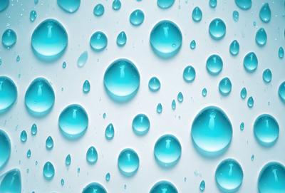 The primary subject of the image is a pattern of blue droplets on a white surface. The setting is a white wall, and the visual style is a close-up of the droplets. The colors and mood of the image are predominantly blue, with a slightly wet and cool atmosphere.