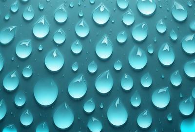 The primary subject of the image is a blue background with numerous droplets of water scattered across it. The setting appears to be a cloudy sky, and the visual style is a close-up of the water droplets. The colors and mood of the image are predominantly blue, creating a calm and serene atmosphere.