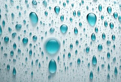 The primary subject of the image is a close-up of a raindrop pattern on a white surface. The setting is a white wall, and the visual style is a photo. The dominant colors are blue and white, creating a calm and serene atmosphere.