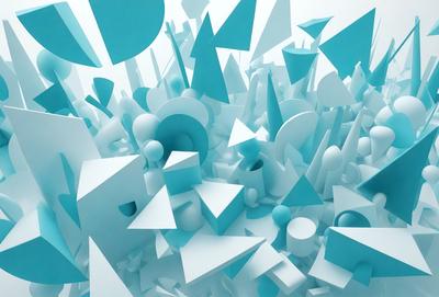 The primary subject of the image is a collection of white and blue geometric shapes, which are arranged in a visually appealing manner. The setting is a white background, which provides a clean and minimalist look to the scene. The visual style is a combination of digital art and illustration, creating a unique and creative design. The dominant colors are white and blue, which contribute to a calm and soothing atmosphere.