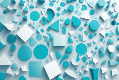 The primary subject of the image is a collection of blue and white geometric shapes, including circles, triangles, and squares. These shapes are arranged in a visually appealing manner, creating a sense of depth and complexity. The setting is a white background, which provides a clean and uncluttered environment for the shapes to stand out. The visual style of the image is a combination of digital art and illustration, with the shapes appearing to be three-dimensional and intricately detailed. The dominant colors in the image are blue and white