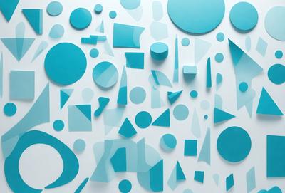 The primary subject of the image is a collection of blue geometric shapes, including circles, triangles, and squares. These shapes are arranged in various patterns and are displayed on a white background. The visual style of the image is a combination of digital art and illustration, creating a vibrant and colorful scene. The dominant colors in the image are blue and white, giving the overall atmosphere a sense of calmness and creativity.