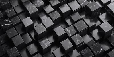 The primary subject of the image is a black and white pattern of square tiles, which are arranged in a checkered pattern. The setting is a black and white marble surface, which adds a sense of elegance and sophistication to the scene. The visual style is a combination of a photo and digital art, creating a unique and intriguing pattern. The colors and mood of the image are predominantly black and white, giving it a classic and timeless feel.