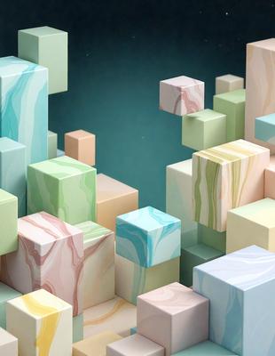 The primary subject of the image is a three-dimensional display of various colored blocks, creating a visually appealing and intricate pattern. The setting is a dark background, which contrasts with the vibrant colors of the blocks. The visual style is a combination of digital art and illustration, showcasing the artist's creativity and attention to detail. The colors and mood of the image are predominantly blue and green, giving it a calming and serene atmosphere.