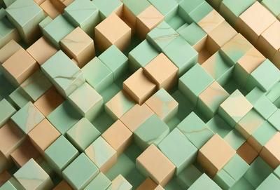 The primary subject of the image is a large, intricate, and colorful mosaic made of square tiles. The setting is a green background, which adds a vibrant and lively atmosphere to the scene. The visual style is a combination of digital art and illustration, creating a unique and eye-catching pattern. The colors and mood of the image are predominantly green, with a touch of brown, giving it a fresh and lively appearance.
