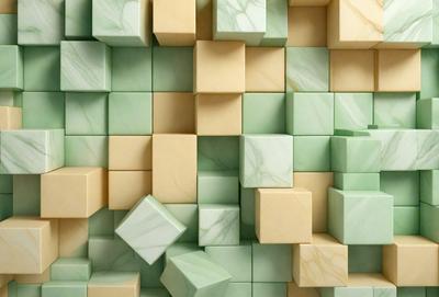 The primary subject of the image is a large, intricate mosaic made of various colored marble tiles. The setting is a wall, and the visual style is a combination of photo and digital art. The mosaic features a mix of green, yellow, and white tiles, creating a vibrant and eye-catching pattern. The overall atmosphere of the image is one of artistic expression and creativity.