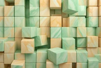 The primary subject of the image is a large stack of green and yellow blocks, which are arranged in a visually appealing manner. The setting is a wall, and the visual style is a combination of photo and digital art. The dominant colors are green and yellow, creating a lively and vibrant atmosphere.