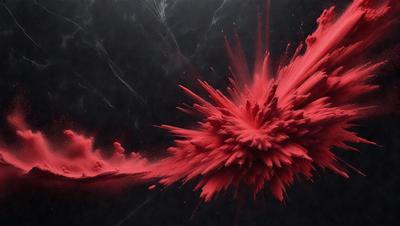 The primary subject of the image is a large, red, splattered blob or explosion, which appears to be a painting or digital art. The setting is a dark background, which contrasts with the vibrant red color of the blob. The visual style suggests a creative and artistic approach to the image. The colors and mood convey a sense of energy, movement, and intensity.