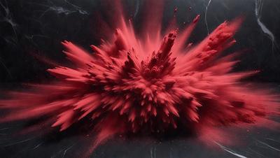 The primary subject of the image is a red, pink, and black explosion, which appears to be a digital art or illustration. The setting is a black background, and the visual style suggests a modern, artistic approach. The dominant colors in the image are red, pink, and black, creating a bold and striking atmosphere.