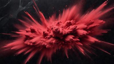 The primary subject of the image is a large, red, splattered blob of paint, which appears to be a painting or a digital artwork. The setting is a black background, which contrasts with the vibrant red color of the paint. The visual style suggests that the image is a digital artwork or a painting, as it captures the vivid colors and the dynamic nature of the splattered paint. The overall atmosphere of the image is energetic and creative, as the red paint appears to be exploding
