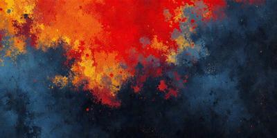 The primary subject of the image is a colorful, abstract painting featuring a mix of red, blue, and orange hues. The setting is a blue background, which contrasts with the vibrant colors of the painting. The visual style is a combination of digital art and illustration, creating a unique and eye-catching piece of art. The dominant colors and overall atmosphere of the painting evoke a sense of energy and creativity.