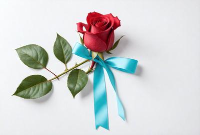 The primary subject of the image is a single red rose with a blue ribbon. The rose is placed on a white background, which creates a clean and elegant appearance. The visual style of the image is a close-up of the rose and ribbon, emphasizing the details of the flower and its decoration. The colors in the image are predominantly red and blue, which evoke a sense of romance and sophistication.